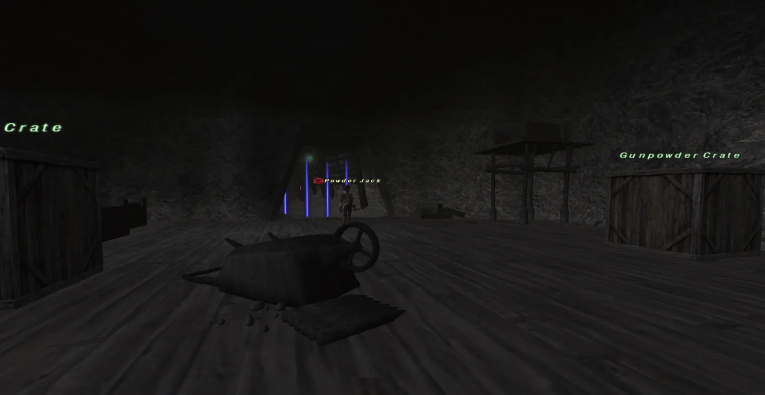 A dark Gusgen Crypts chamber with gunpowder crates and Powder Jack on a wooden platform.