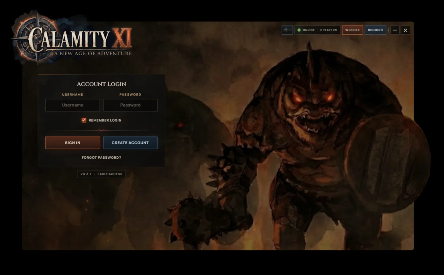 The CalamityXI Launcher home screen showing server status and player information.